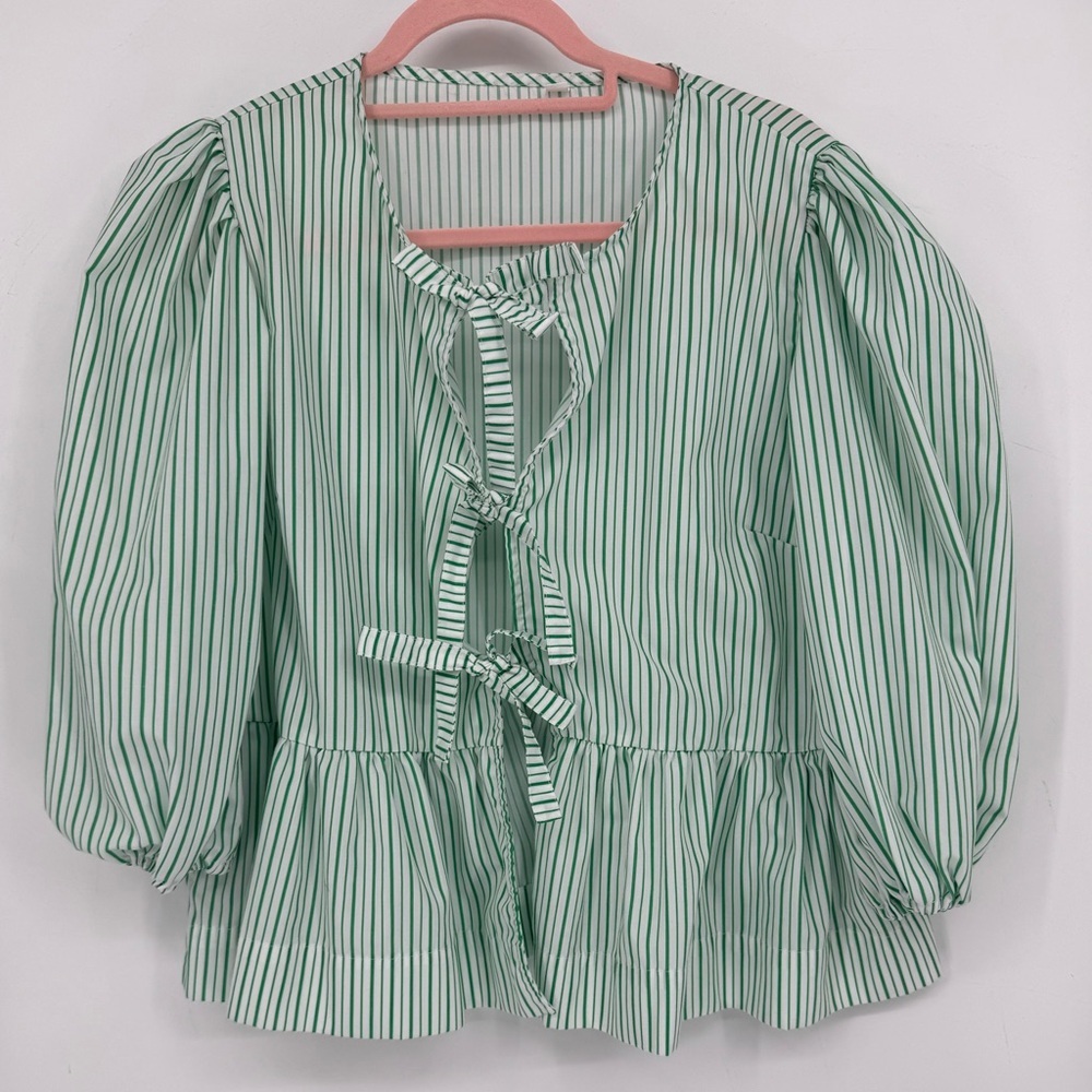 Women's Kelly Green Striped Blouse with Bow Tie Front Size Large- No Brand